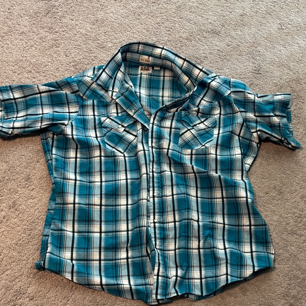 Ely Cattleman Blue and White Plaid Button-Down Shirt
